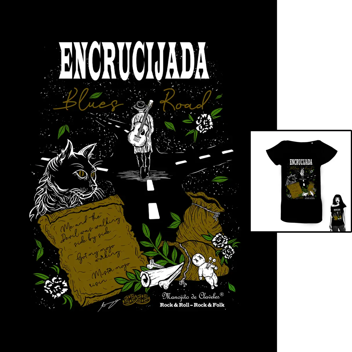Camiseta Encrucijada para mujer Camiseta Encrucijada Blues Road de Manojito de Claveles patrón femenino