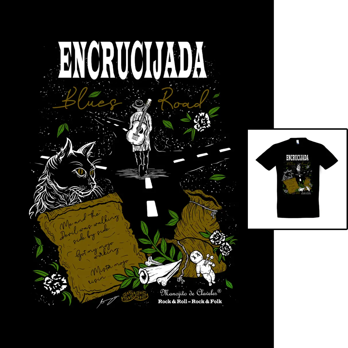Camiseta Encrucijada para hombre Camiseta Encrucijada Blues Road de Manojito de Claveles patrón unisex