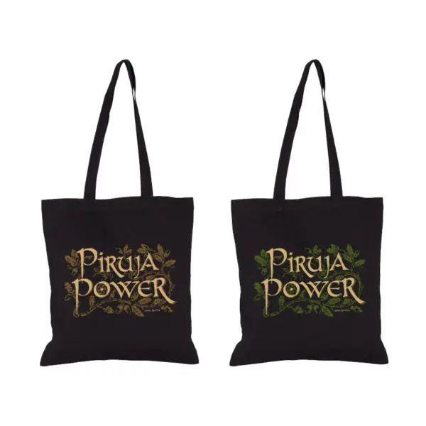 Totebag Piruja Power negra sin fuelle con ilustración