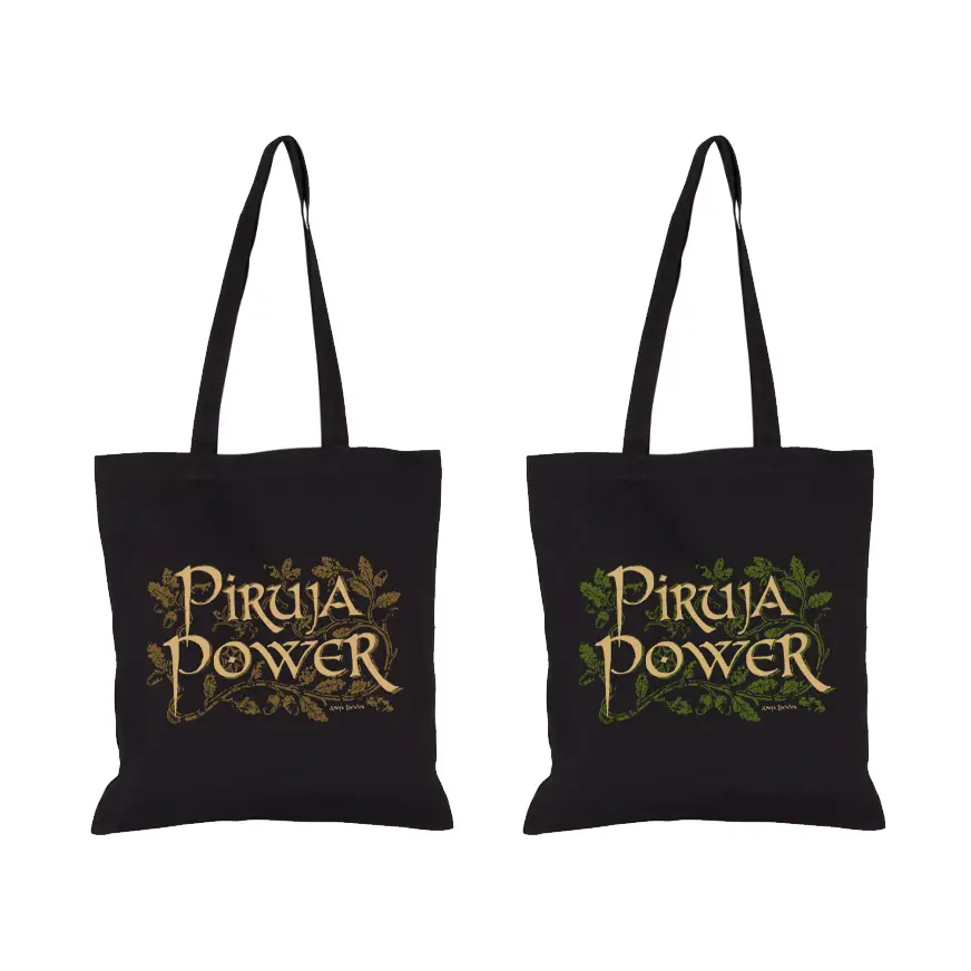 Bolsas Piruja Power sin fuelle · Colección Totebag Piruja Power negra sin fuelle con ilustración