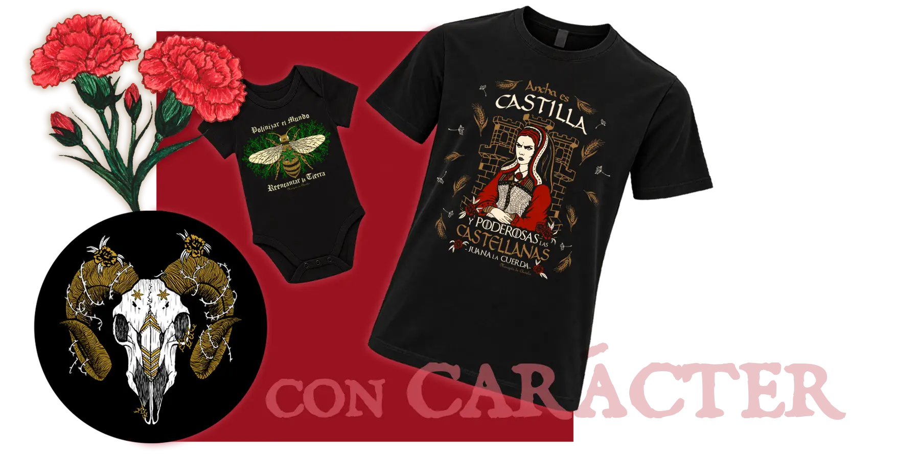 Camisetas negras con ilustraciones de Manojito de Claveles