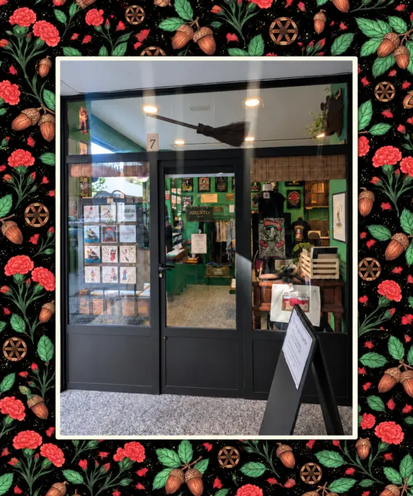 Puerta de Bellotas y Claveles en Burgos, con camisetas e ilustraciones en el escaparate