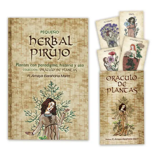 Libro Pequeño Herbal Pirujo junto al Oráculo de Plantas y cuatro cartas ilustradas