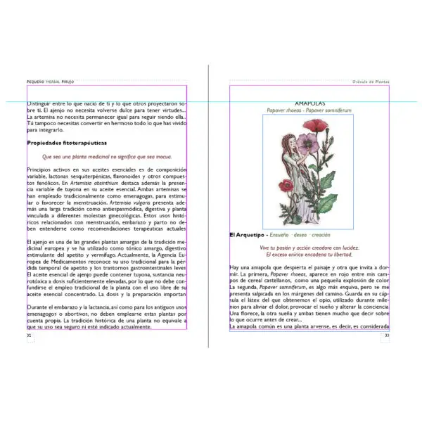 Páginas interiores del Pequeño Herbal Pirujo con una ilustración de amapolas y textos